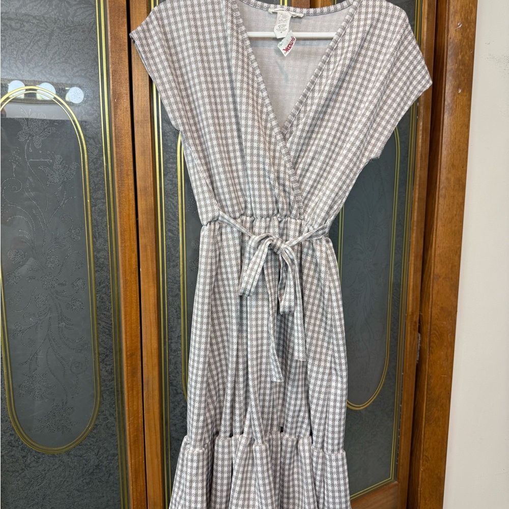Caution To The Wind Taupe and White Gingham Faux Wrap Midi Dress, BRAND NEW